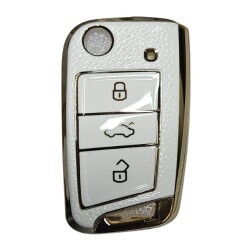 Funda nano blanca para llave Volkswagen de 3 botones con acabado de cuero dorado - 1