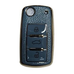 Funda nano gris para llave Volkswagen de 3 botones con acabado de cuero dorado - 1