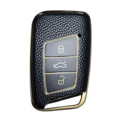 Housse nano noire pour clé Volkswagen à 3 boutons avec finition cuir doré - 1